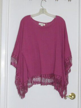 Simply Noelle Sweater Poncho Deep Plum Knit Boho Fringe Oversized Plus Size 14